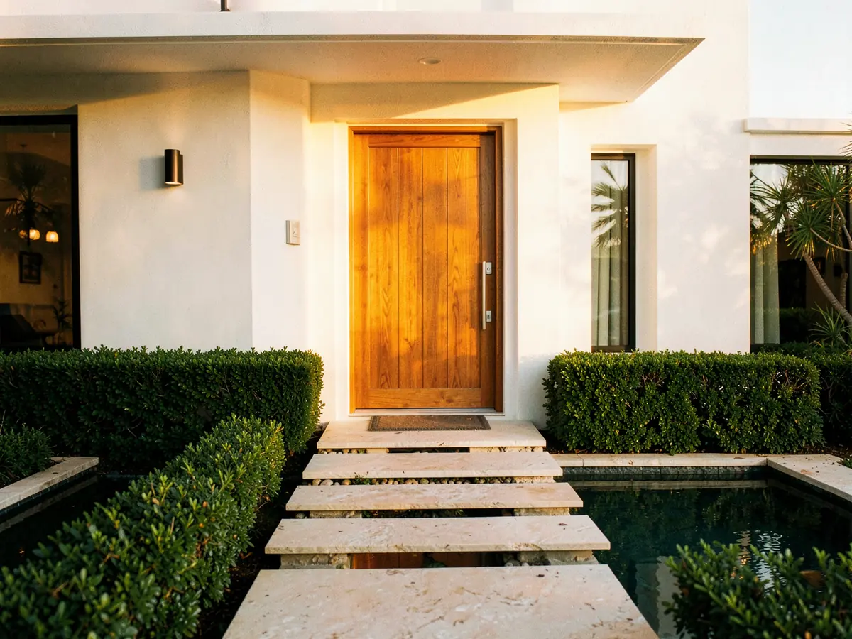 A tall oak front door on a white modern house, reached over stepping stones across a reflecting pool (illustrative, generated).
