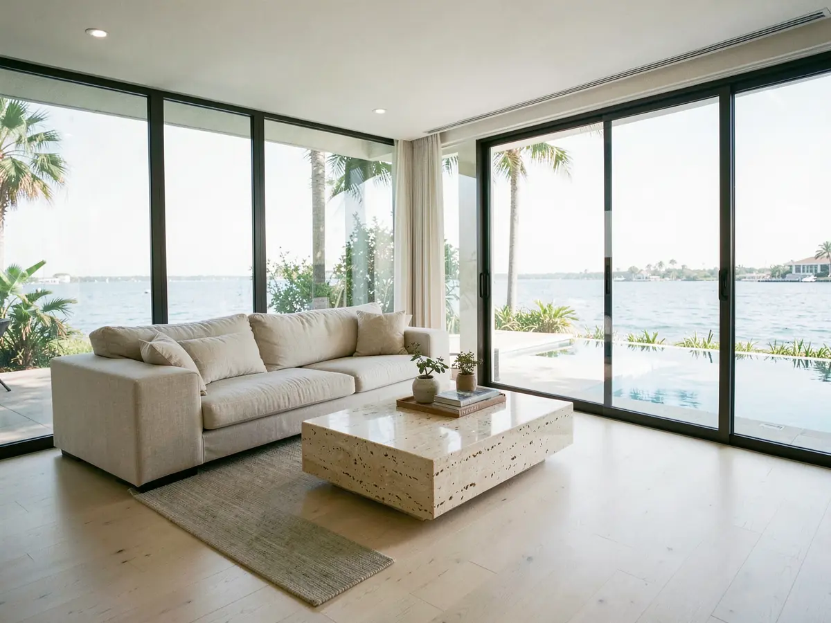 A finished living room with a linen sofa and walls of glass onto a pool and the water (illustrative, generated).