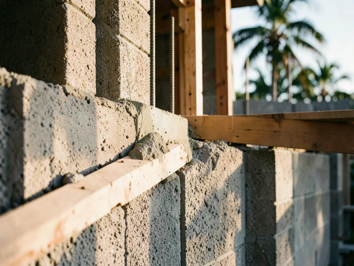 Close detail of concrete block walls and wooden formwork in low sun (illustrative, generated).