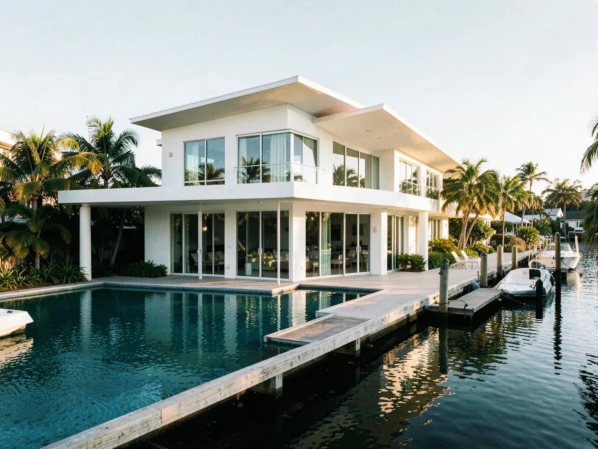 A white modern canal-front home with an infinity pool and a private dock in Port Royal (illustrative, generated).
