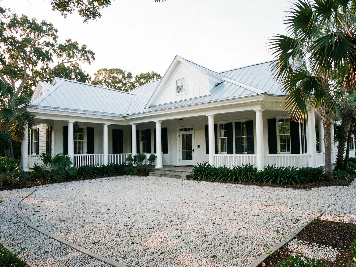 A white veranda house with a metal roof and a crushed-shell motor court in Olde Naples (illustrative, generated).