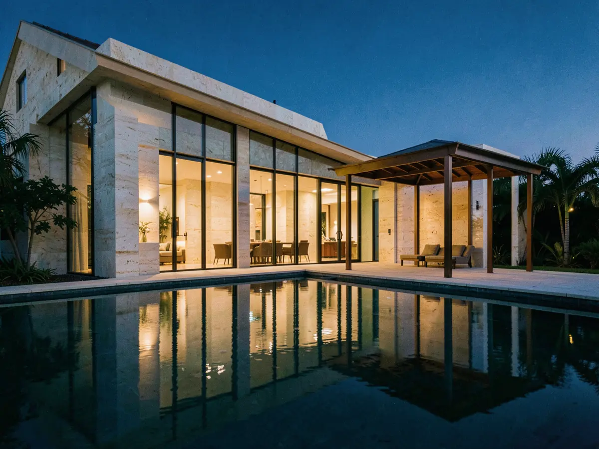 A limestone and glass house lit warm at dusk, doubled in its pool (illustrative, generated).