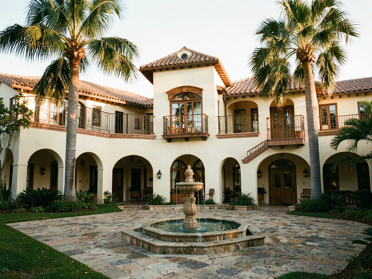 A Mediterranean revival estate with a tile roof, arched loggias and a fountain court (illustrative, generated).