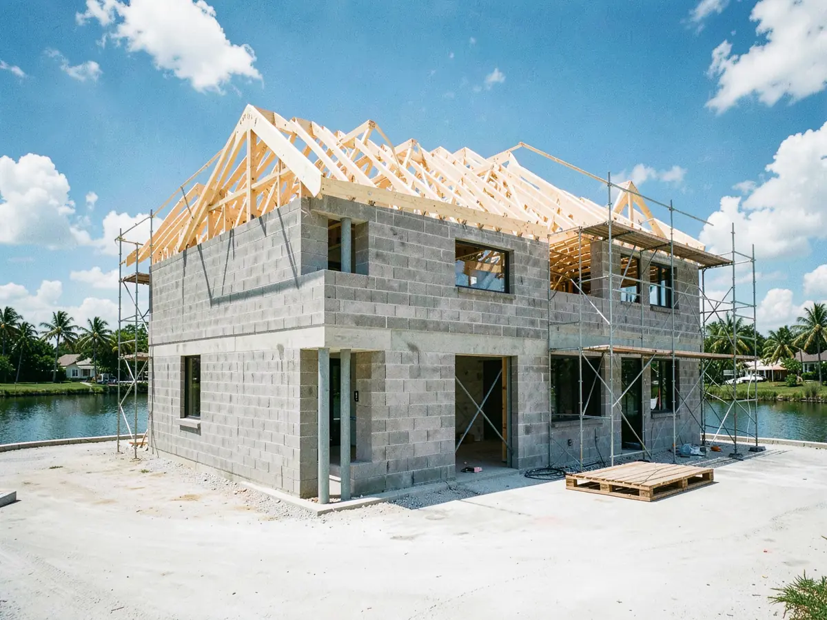 A custom home under construction: block walls, roof trusses and scaffolding by a canal (illustrative, generated).