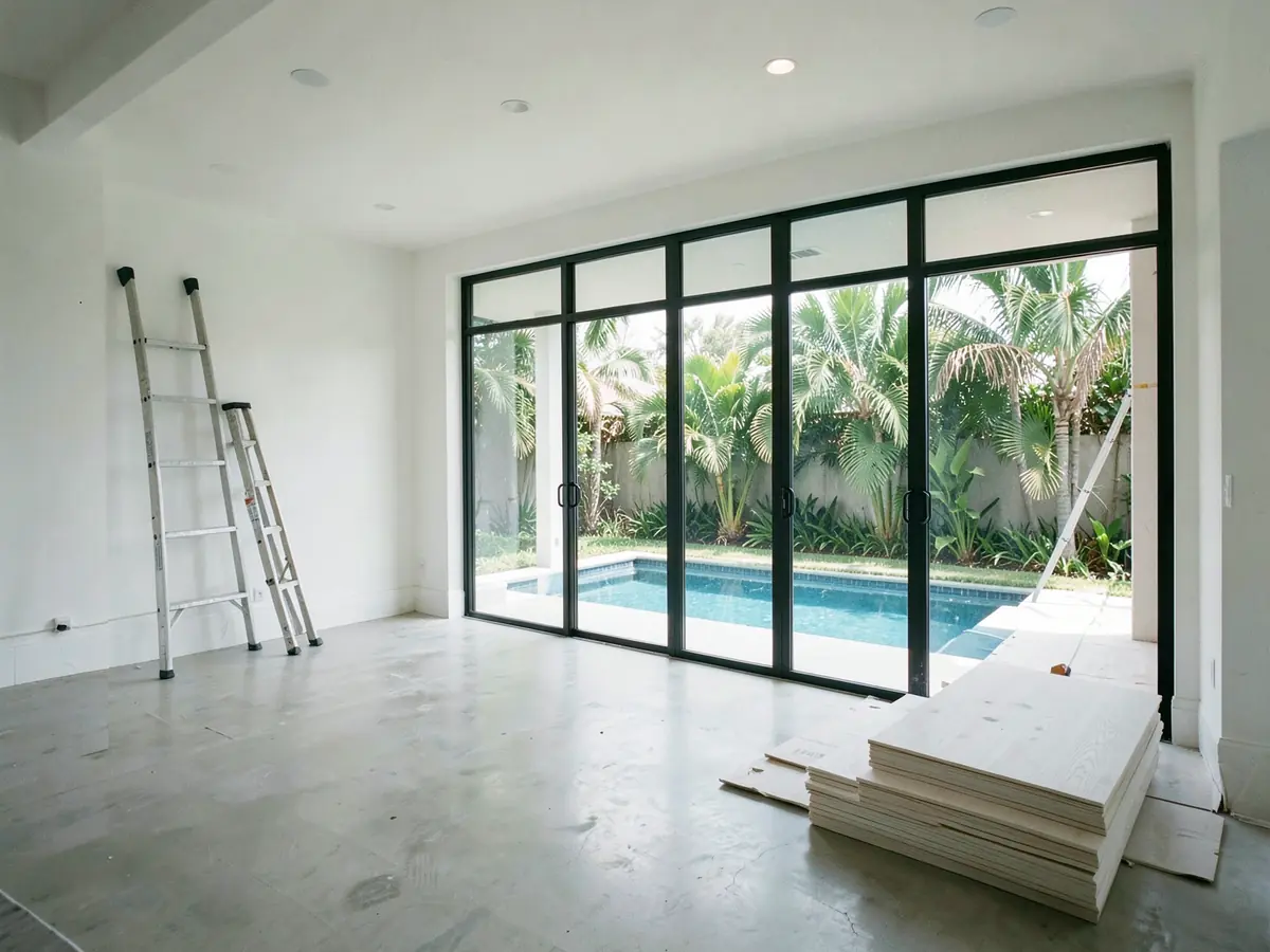 A great room mid-renovation with new glass doors open to a pool and palms (illustrative, generated).