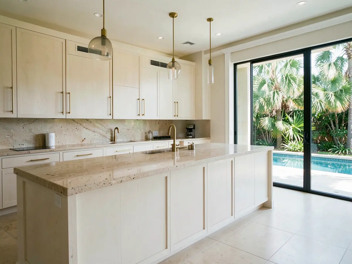 A finished kitchen with a travertine-topped island and glass doors to a pool terrace (illustrative, generated).